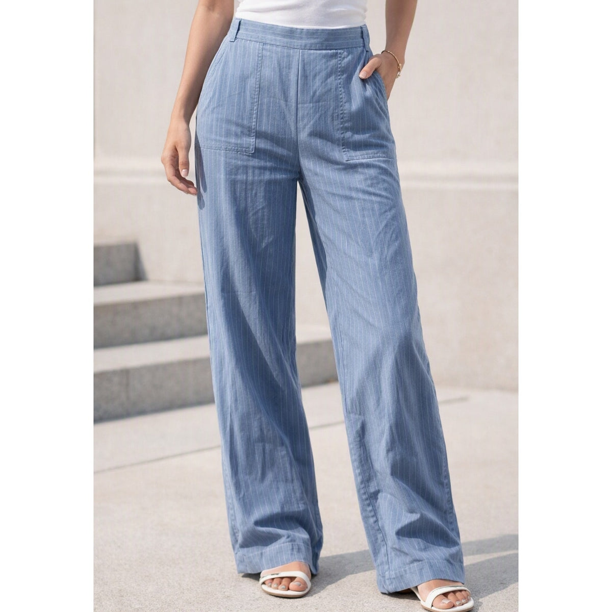 Banana Republic Linen Blend High Rise Pinstripe Straight Leg Trouser Pants Blue