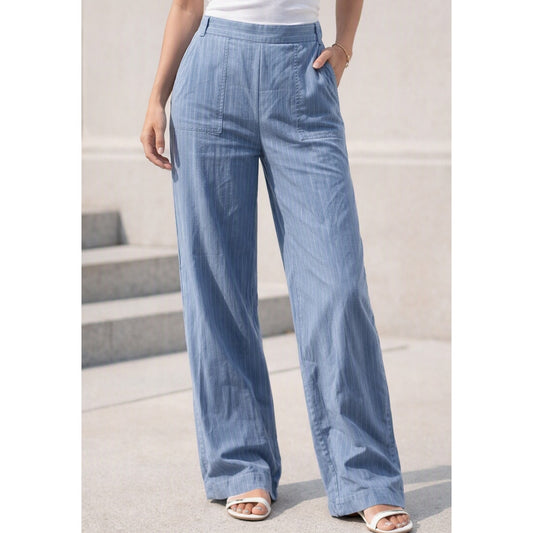 Banana Republic Linen Blend High Rise Pinstripe Straight Leg Trouser Pants Blue