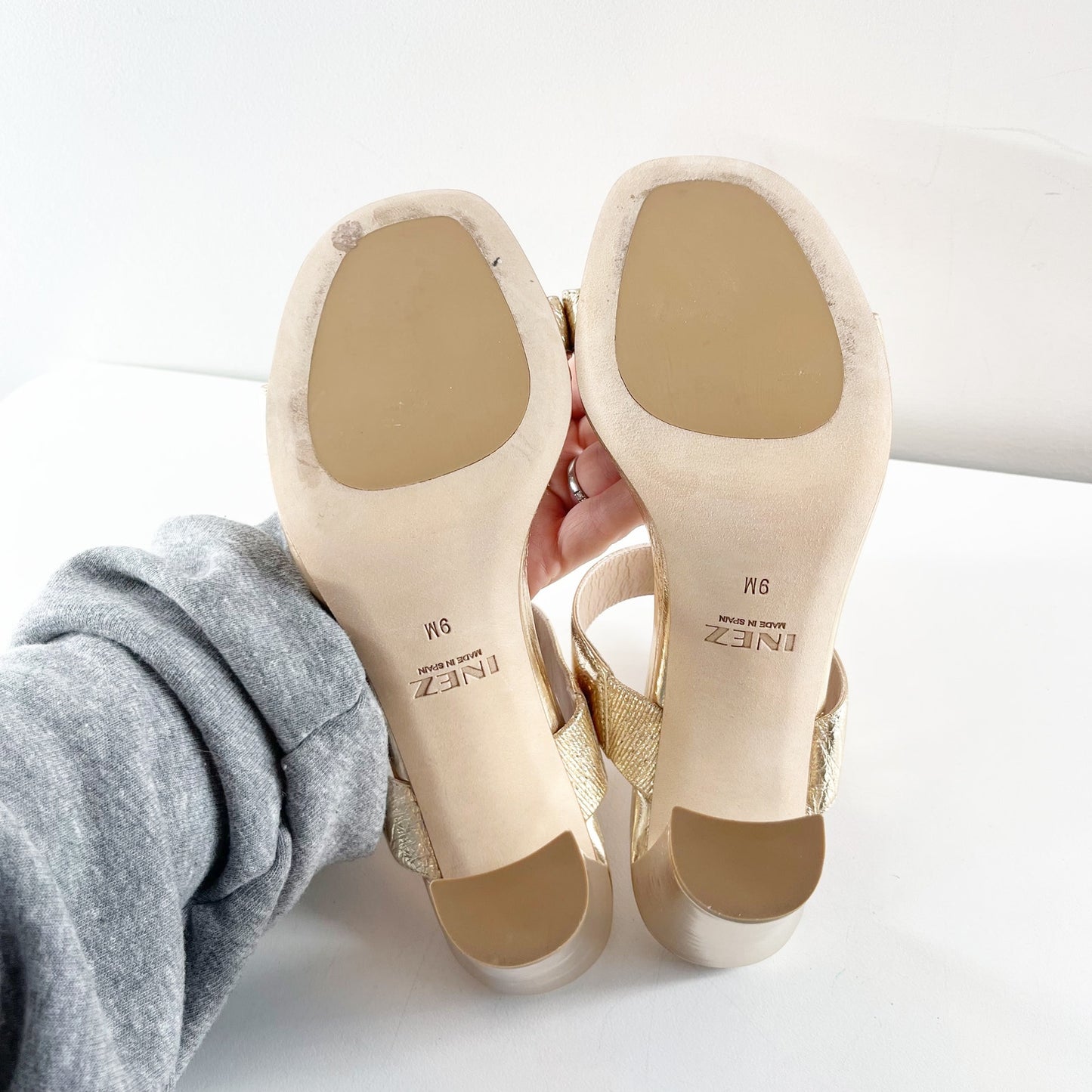 Inez Sara Metallic Leather Slip On Double-Strap Block Heel Sandals Gold 9