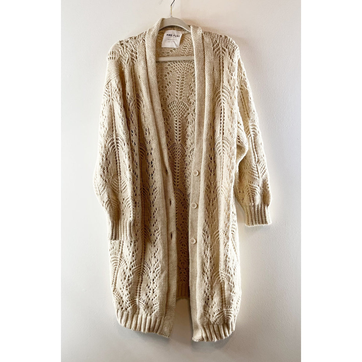 AMS Pure Long Sleeve Duster Maxi Wool Blend Cardigan Sweater Cream 6
