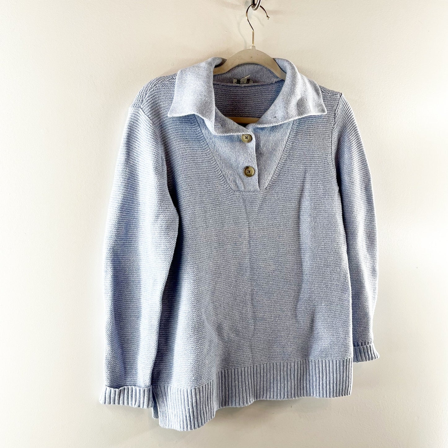 Talbots Button Front Ribbed Breton Long Sleeve Pullover Sweater Blue Small