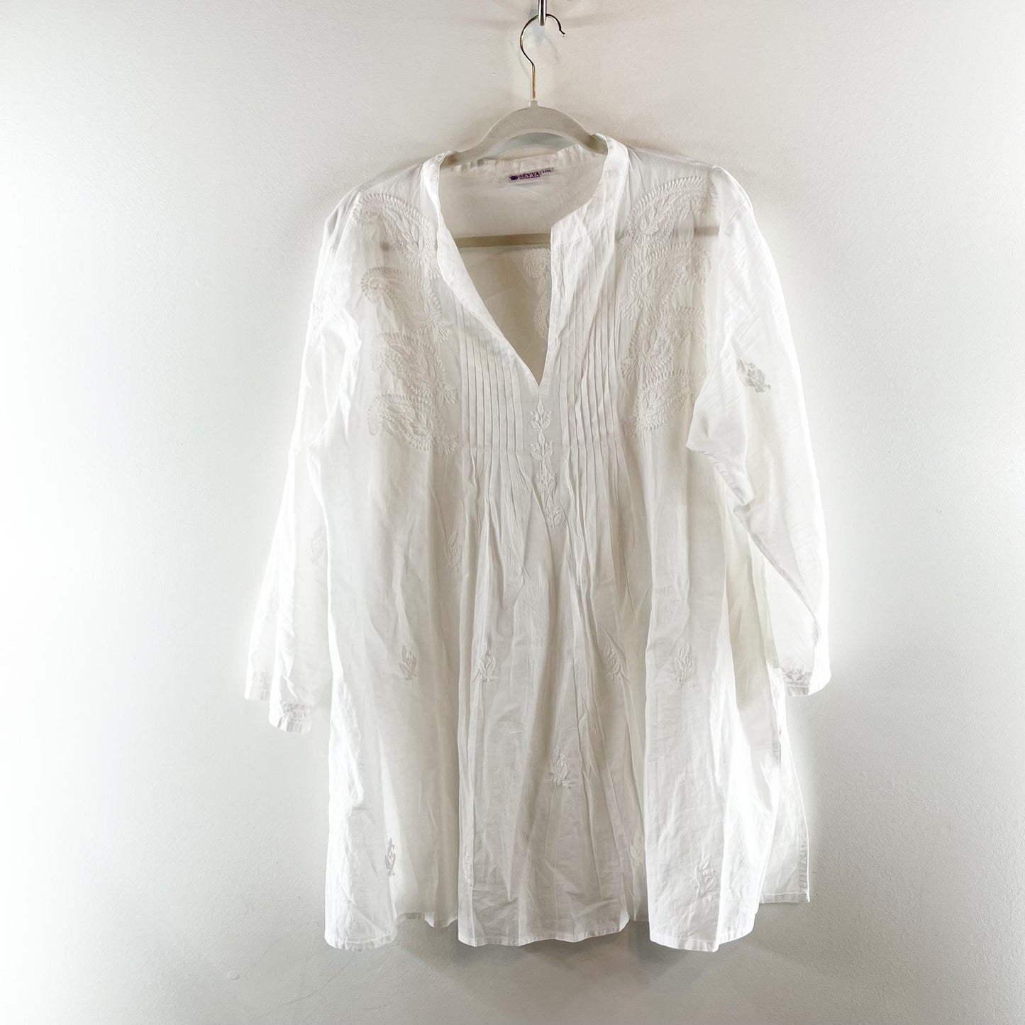 Sevya Handmade Cotton V Neck Long Sleeve Tunic Top Blouse White L / XL