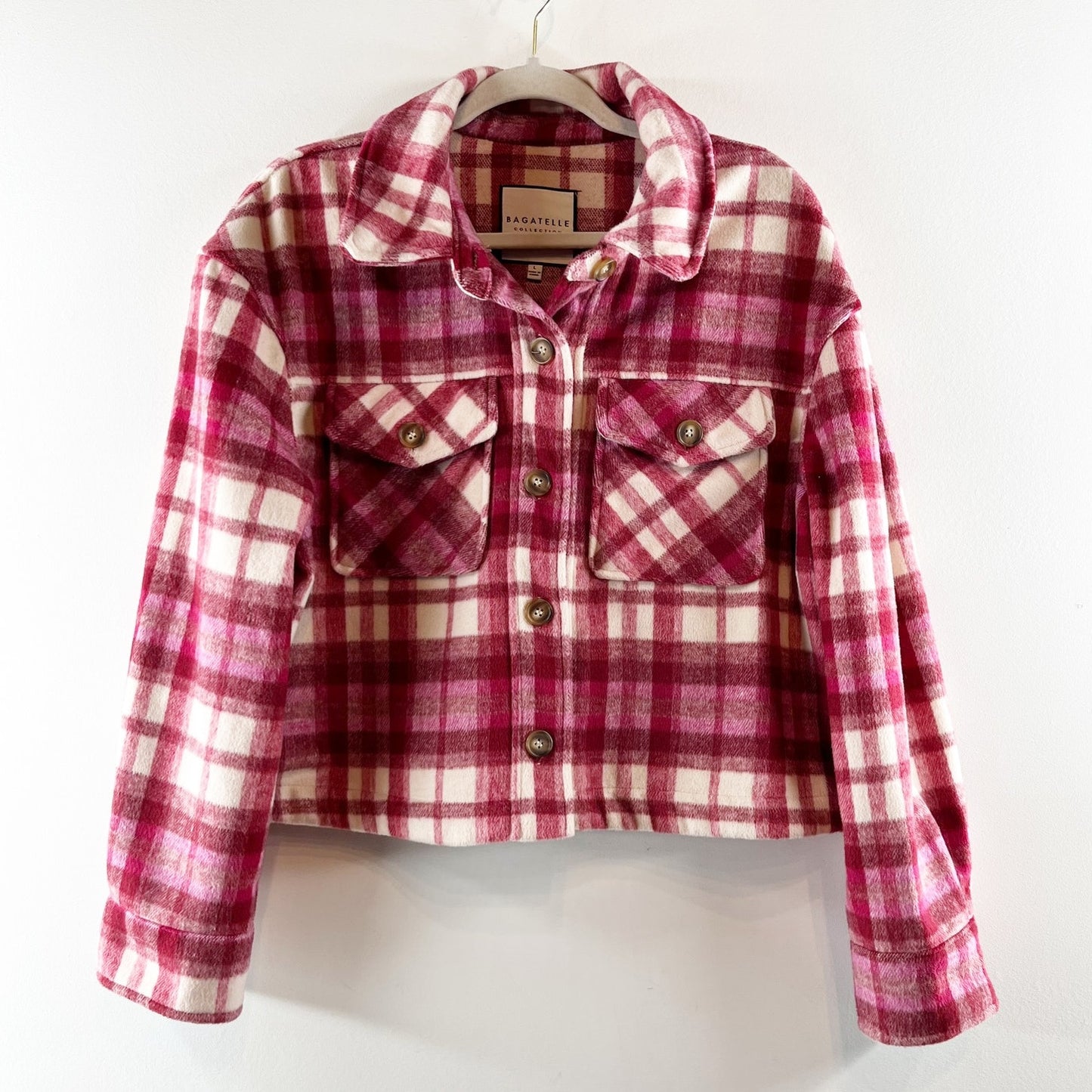 Bagatelle Long Sleeve Cropped Plaid Button Up Jacket Shacket Red Large