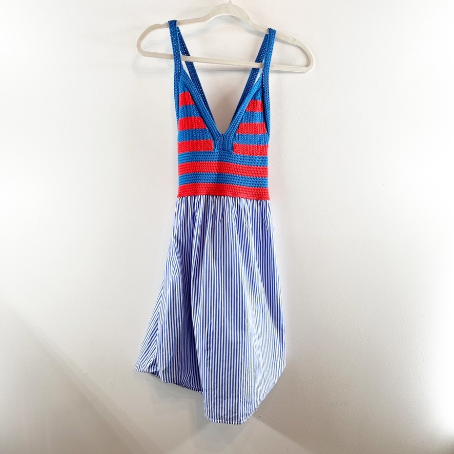 KULE The Esmee Crochet Poplin Sleeveless V-Neck Mini Dress Royal Poppy Medium