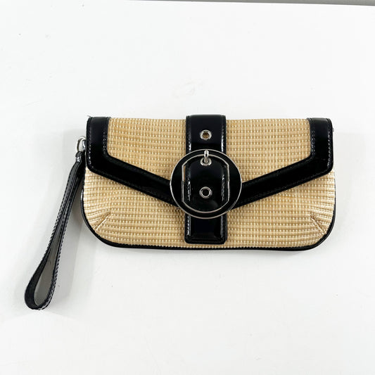 Ann Taylor Woven Straw Wristlet Wallet Tan Beige Black Leather