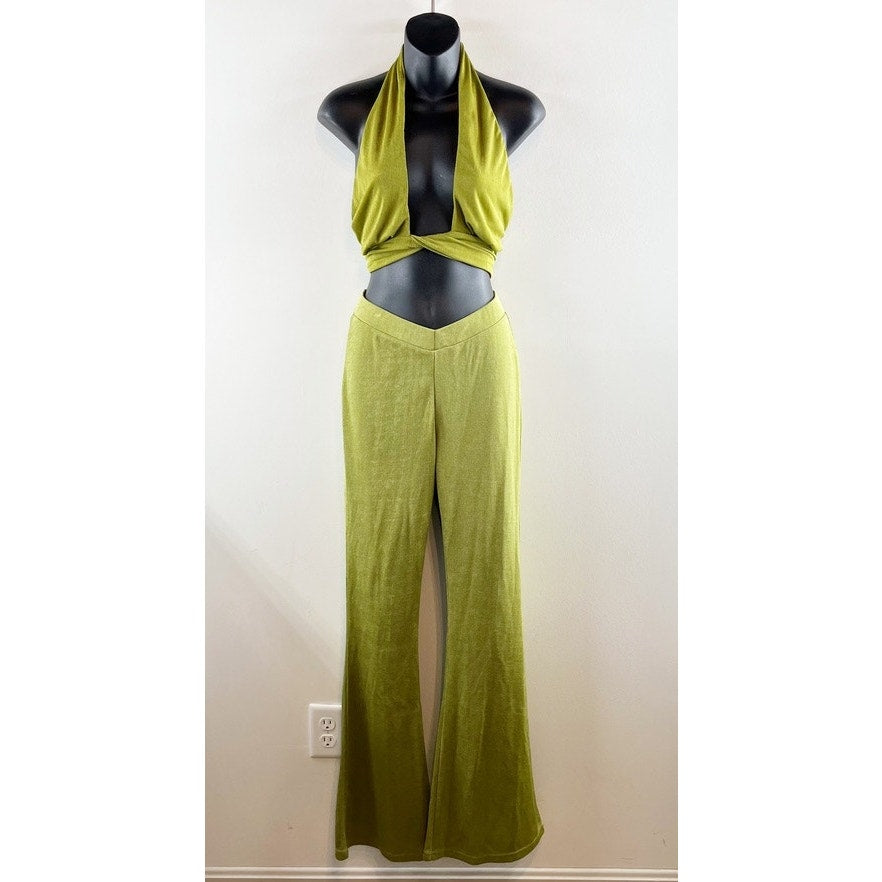 Peppermayo Wrap Tie Crop Bra Top and High Rise Flare Pants Matching Set Green 6