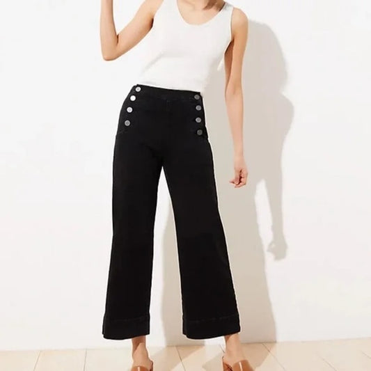 Ann Taylor High Rise Wide Leg Cropped Sailor Button Detail Jeans Black 6