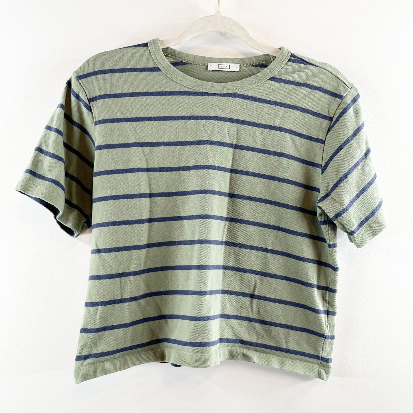 AYR Striped 100% Cotton Short Sleeve Crew Neck Crop T-Shirt Olive Green Blue S