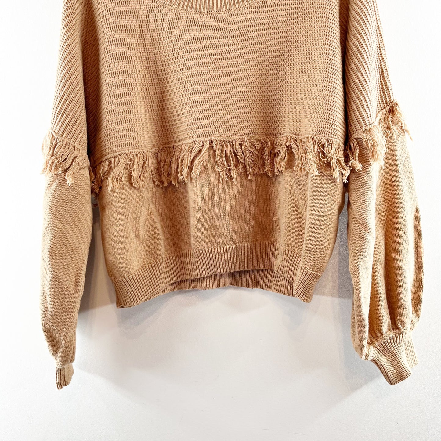 Day + Moon Olivia Crewneck Pullover Cotton Fringe Sweater Brown Large