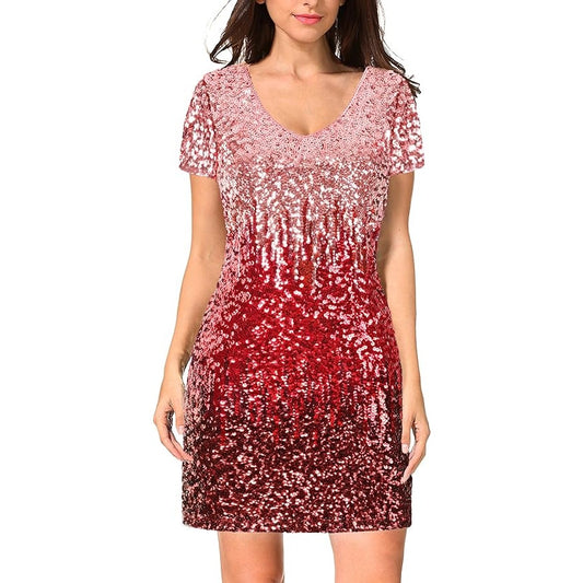 Maner Ombre Sequin Short Sleeve Bodycon Mini Dress Pink Red Black Small