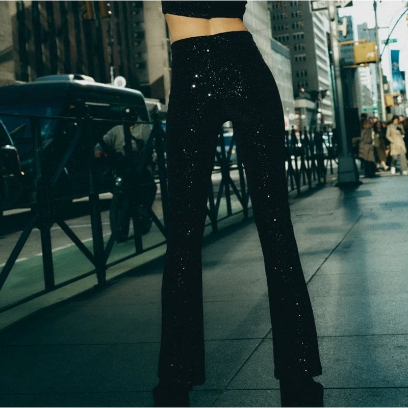 Zara Sequin Embellished High Waisted Flare Trouser Pants Black Medium