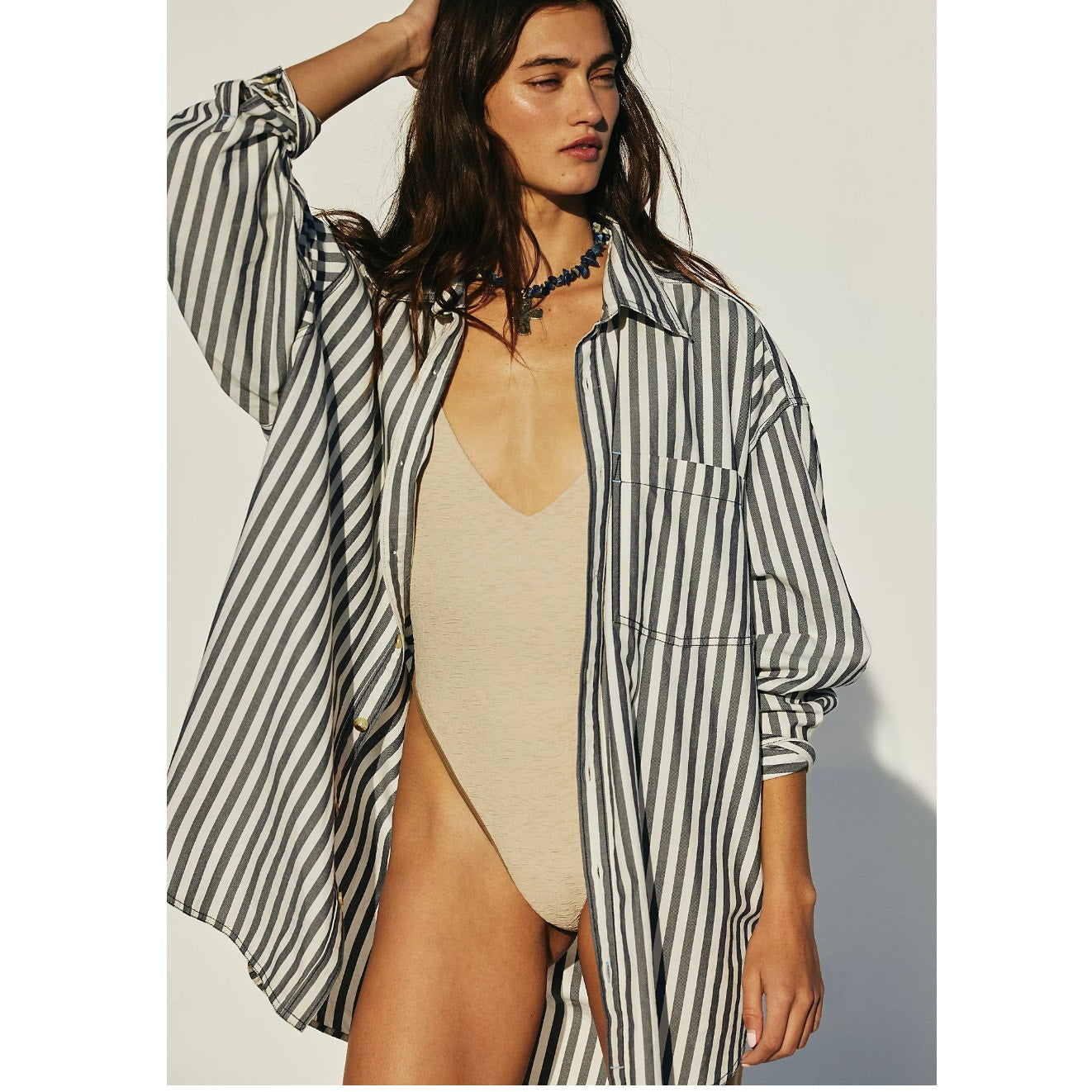 Free People Freddie Oversized Cotton Striped Button Down Shirt Blue White Small