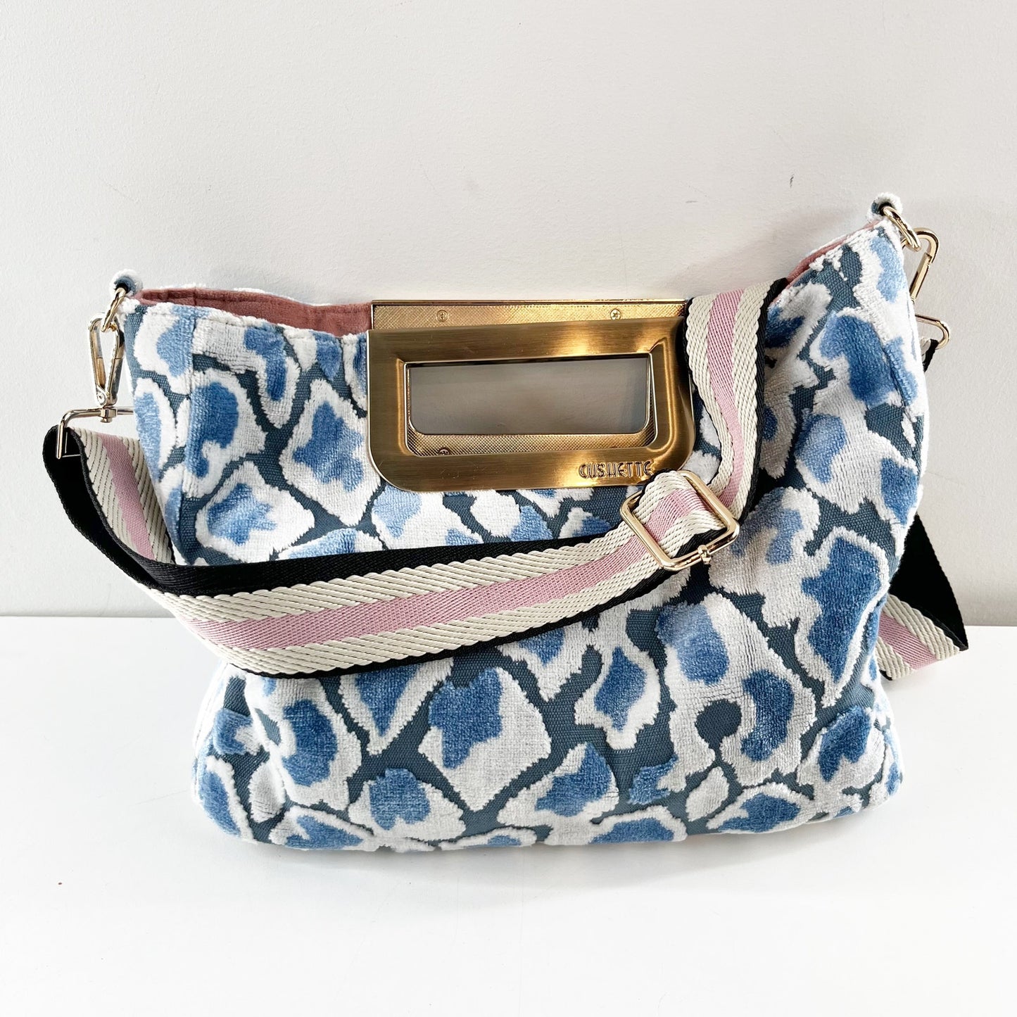 Cushette Dutchess Crossbody Velvet Purse Handbag Blue White
