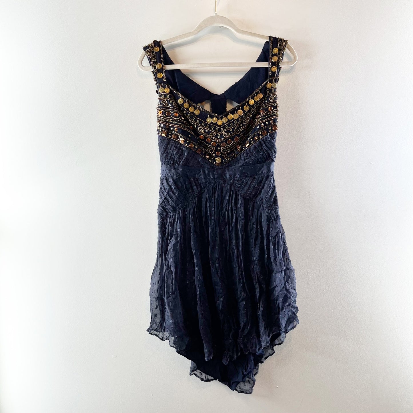 Free People Jeweled Beaded Fit and Flare Mini Dress Navy Blue 4