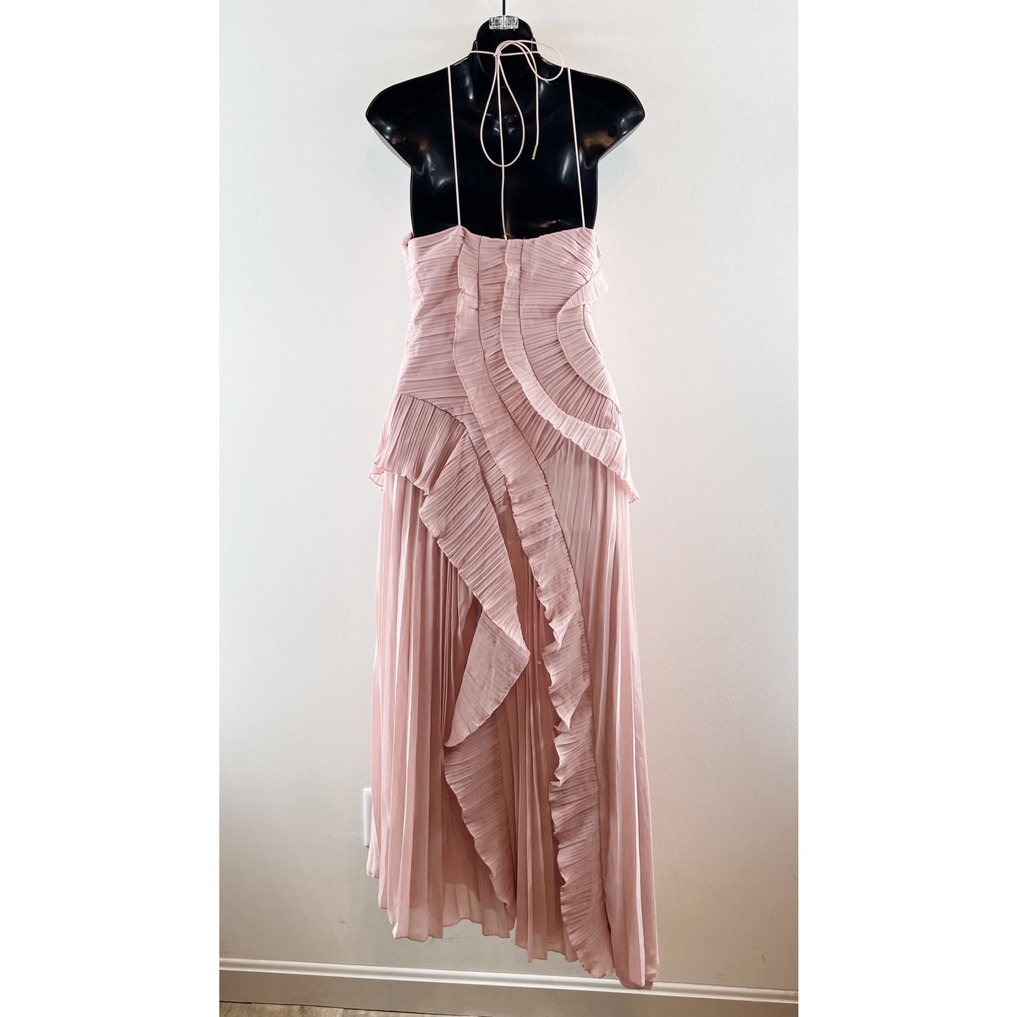Boutique High Neck Ruffled Pleated Halter Maxi Dress Gown Blush Pink Medium
