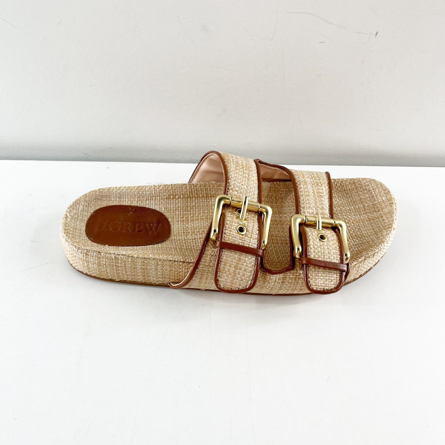 J. Crew Marlow Woven Raffia Leather Slip On Flat Slide Sandals Beige Tan 8.5