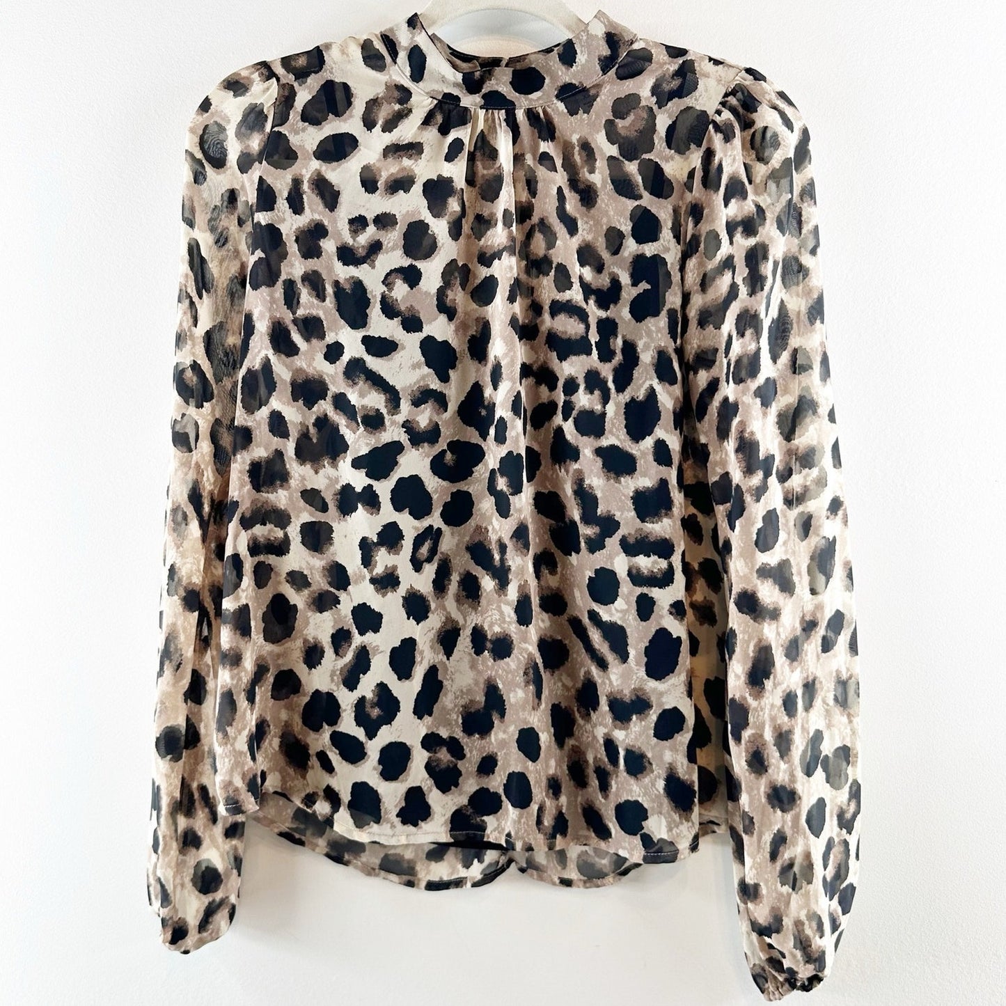 Allison Joy Nora Cheetah Print Long Sleeve Mock Neck Blouse Top Tan / Black XS