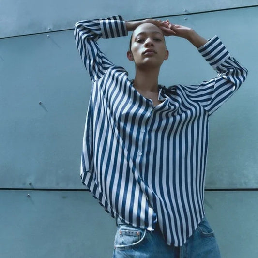 Zara Striped Print Long Sleeve Collared Button-Up Shirt Navy Blue White Medium