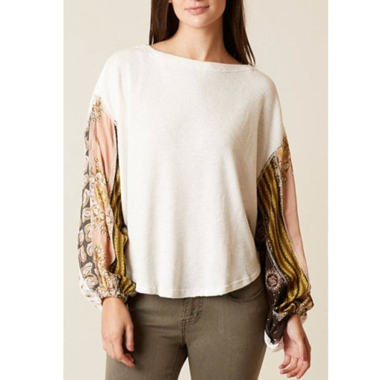 Free People Blossom Balloon Sleeve Waffle Knit Oversized Thermal Top White Small