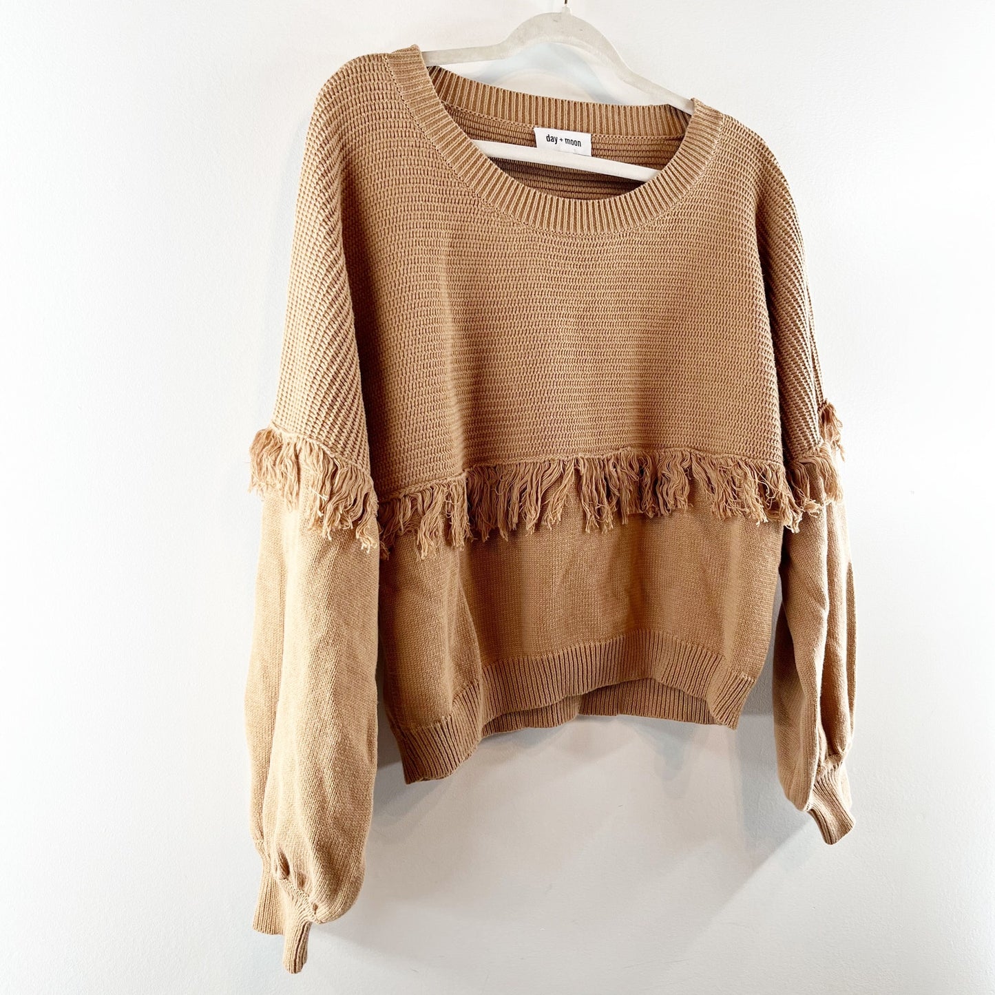 Day + Moon Olivia Crewneck Pullover Cotton Fringe Sweater Brown Large