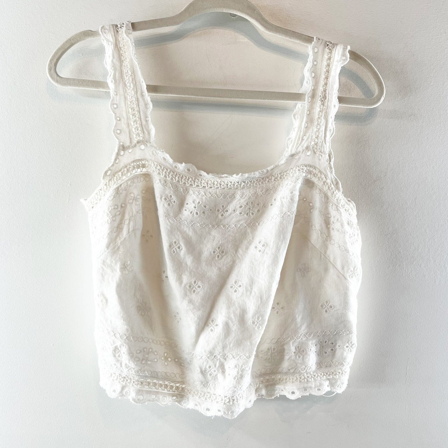 Abercrombie & Fitch Linen-Blend Eyelet Tie-Back Square Neck Crop Top White Small