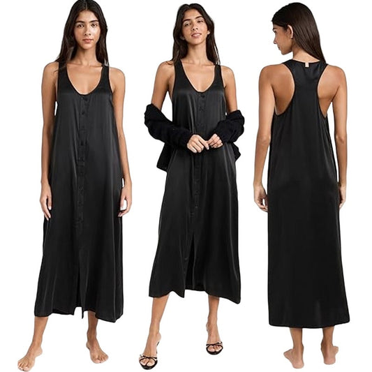 Lunya Washable Silk Sleeveless Scoop Neck Button Front Midi Tank Dress Black XL