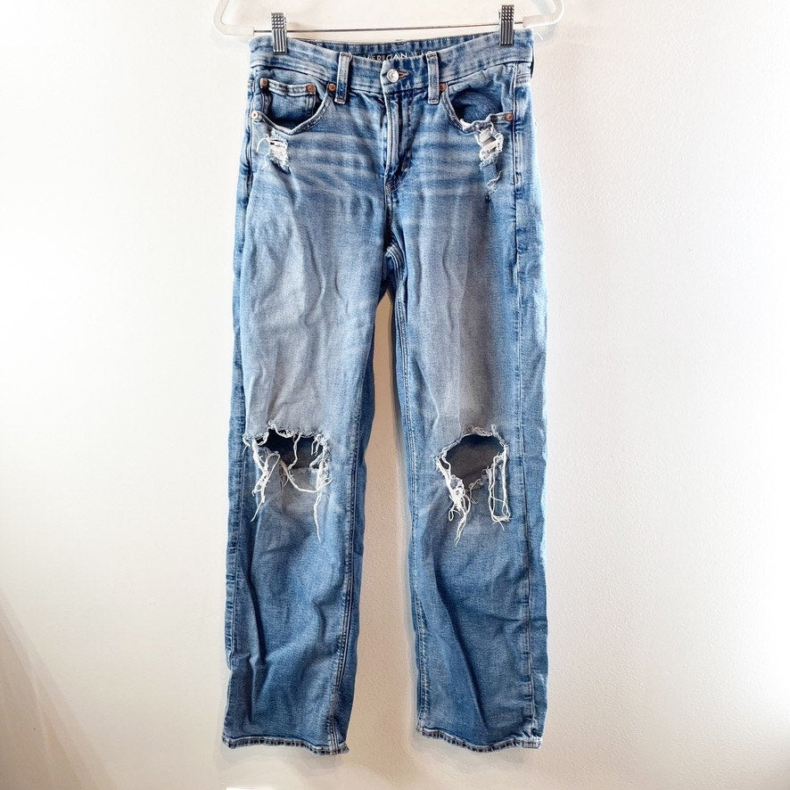 American Eagle High Rise Curvy Straight Leg Distressed Jeans Blue 6 Long