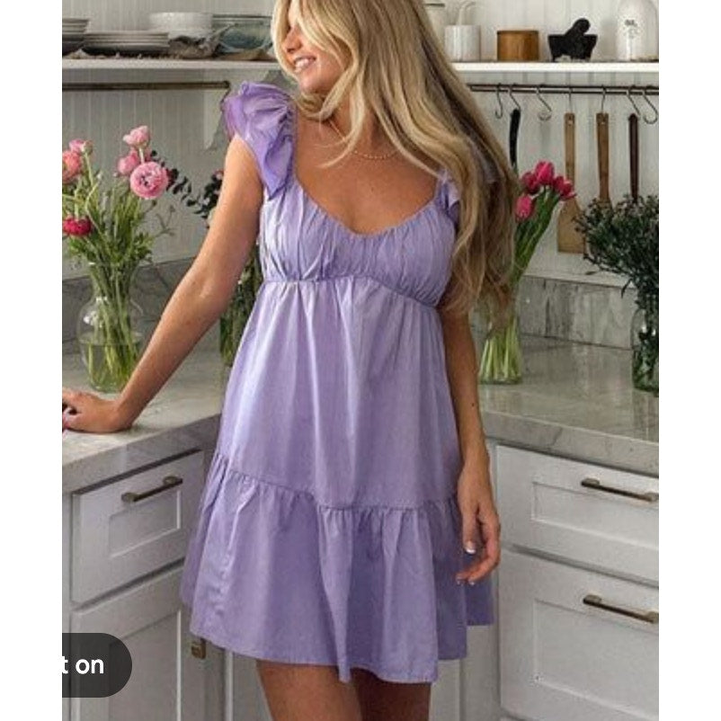 Abercrombie Ruffle Sleeve Scoopneck Smocked Back Tiered Mini Dress Purple Medium