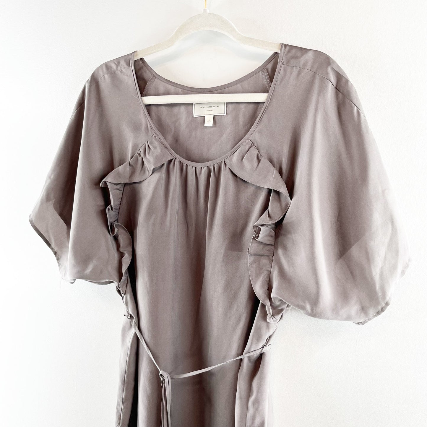 Moulinette Soeurs Short Puff Sleeve Belted Silk Mini Dress Dove Gray 6