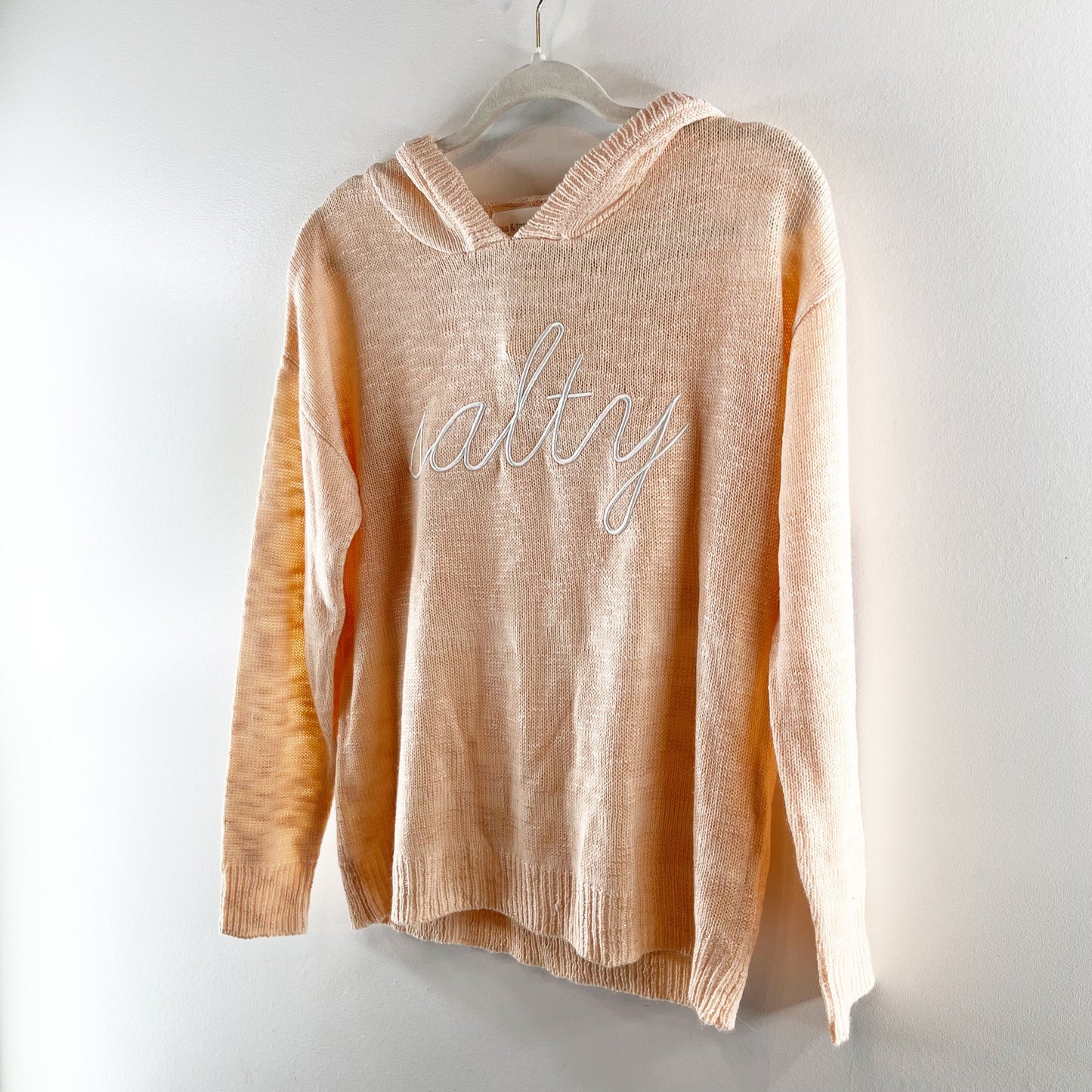 Mia & Tess Salty Embroidered Long Sleeve Knit Sweater Hoodie Peach Orange Small
