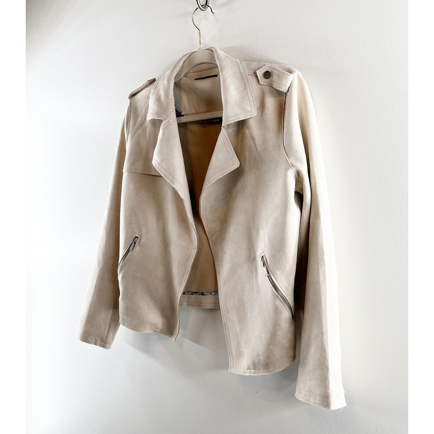 Tahari Long Sleeve Open Faux Suede Moto Jacket Tan Beige Medium