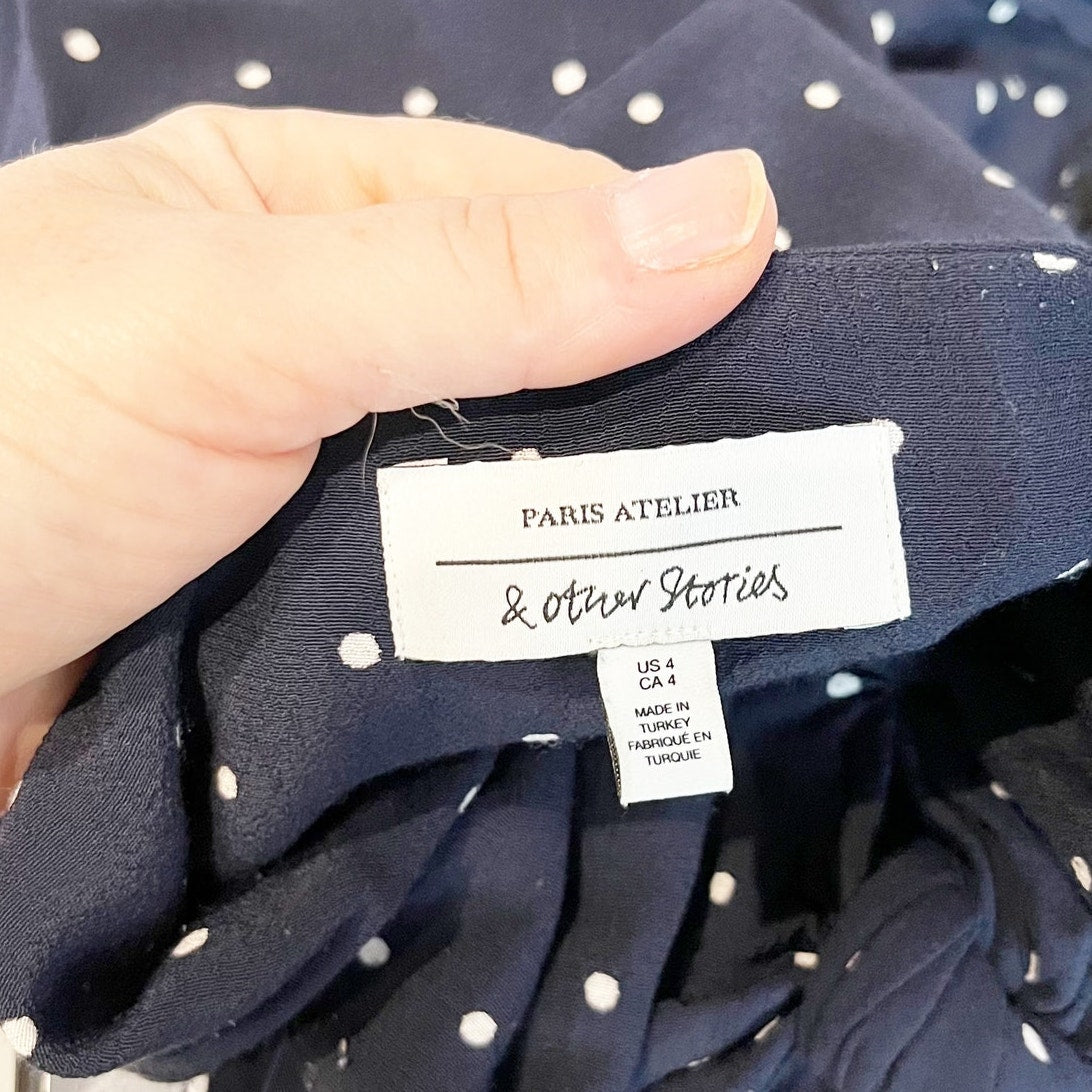 & Other Stories Tie Front Midi Polka Dot Slip Dress Navy Blue 4