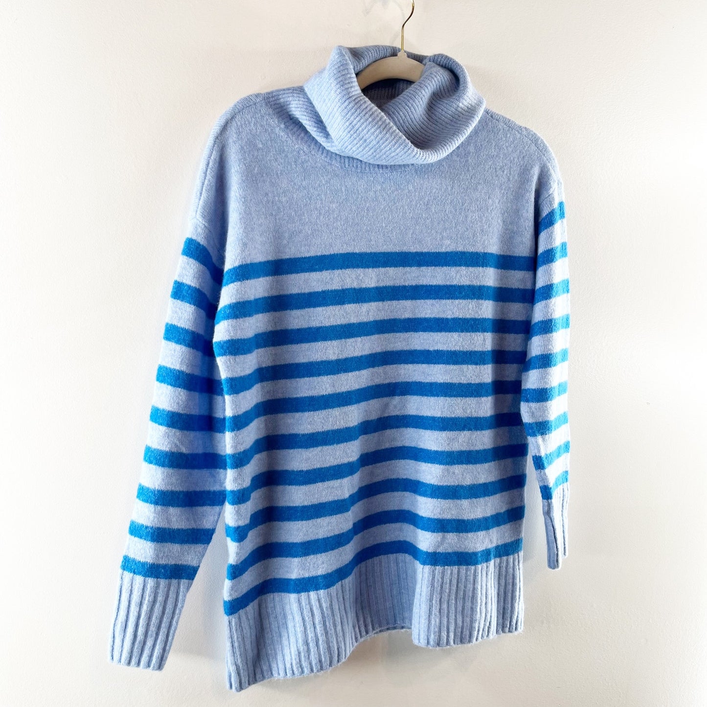Loft Striped Long Sleeve Turtleneck Knit Pullover Tunic Sweater Blue Small