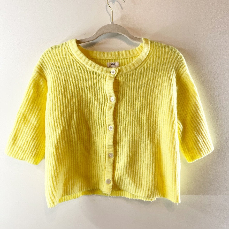 Aerie Short Sleeve Button Up Cardigan Sweater Crewneck Yellow XS