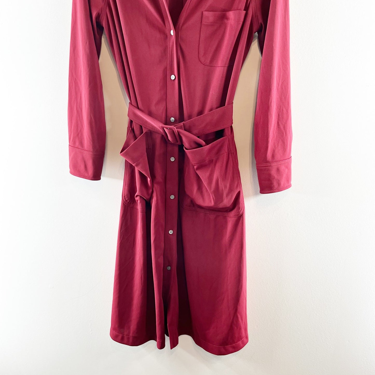 J. Crew Long Sleeve Belted Midi Shirt Dress Maroon Burgundy Red Medium Petite
