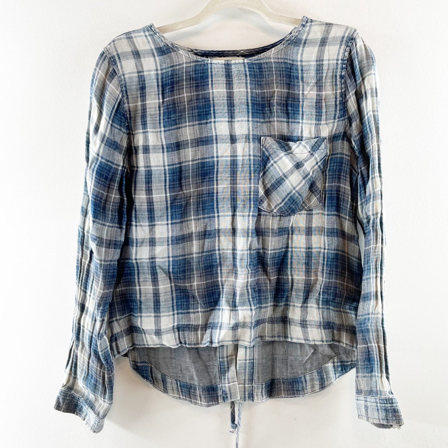 Cloth & Stone Plaid Long Sleeve Lace Up Back Flannel Shirt Blue Small