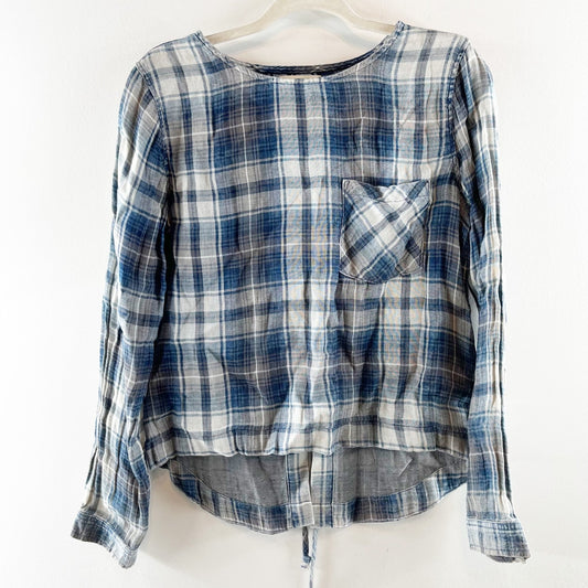 Cloth & Stone Plaid Long Sleeve Lace Up Back Flannel Shirt Blue Small