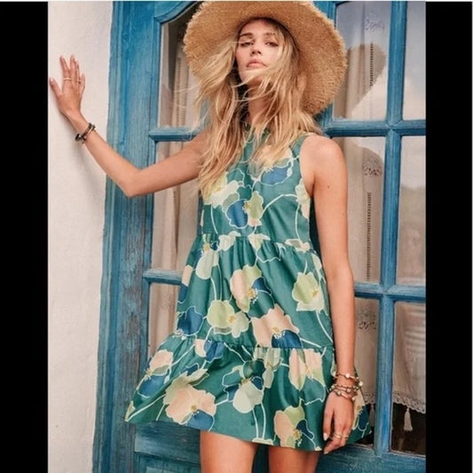 Sezane Alexandra Cotton Sleeveless Floral Mini Dress Green 36 / US 2-4