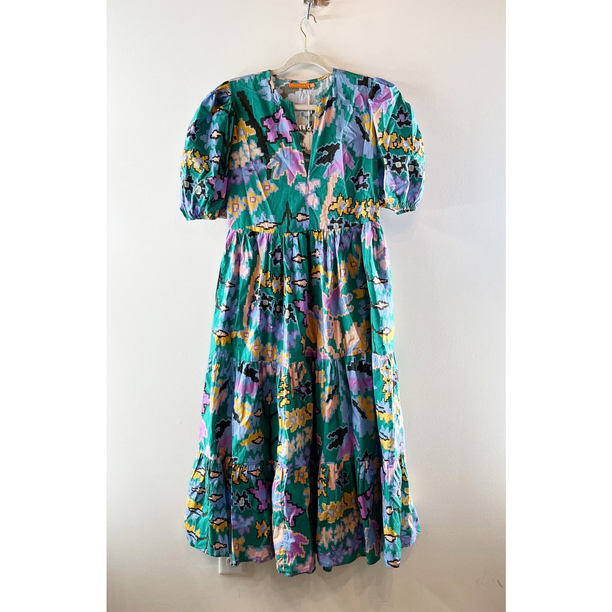 Oliphant 100% Cotton Puff Sleeve V-Neck Tiered Maxi Dress Bukhara Green XS