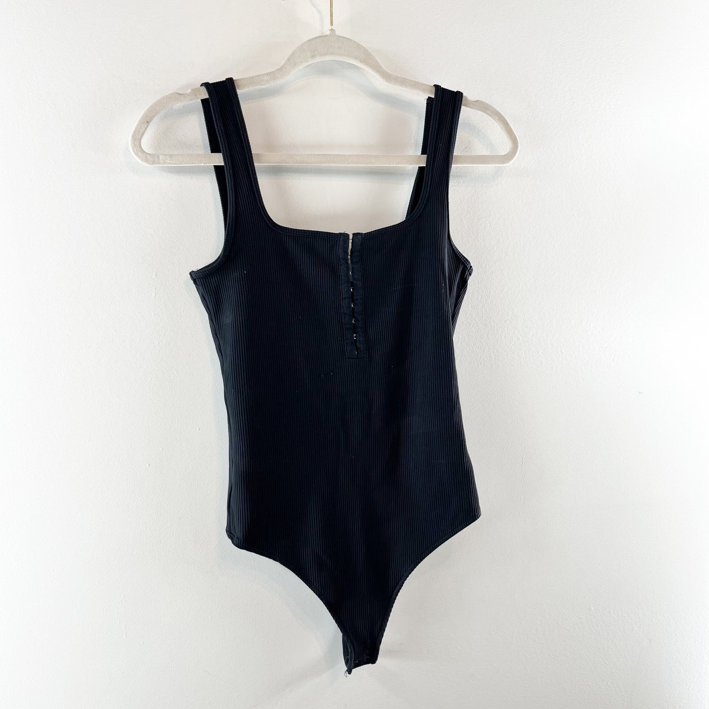 Abercrombie & Fitch Sleeveless Square Neck Ribbed Thong Bodysuit Black Medium