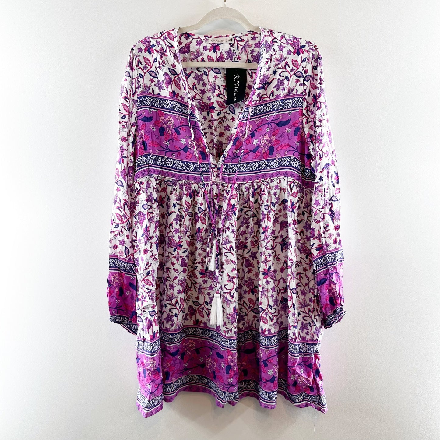 R. Vivimos Cotton Floral Print Long Sleeve Tassel Tie Mini Dress Purple Large