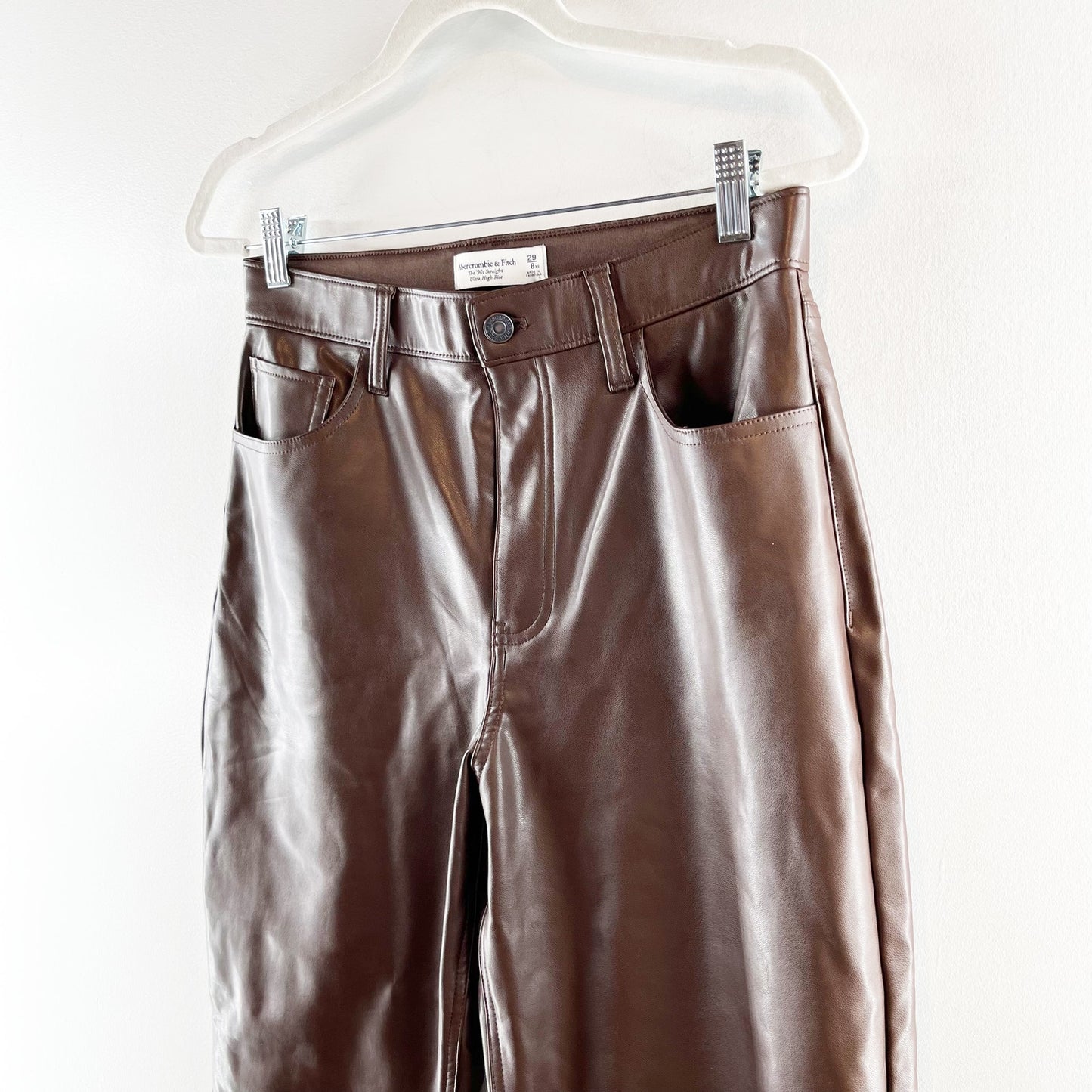 Abercrombie '90's Straight Ultra High Rise Curve Love Faux Leather Pants Brown 8