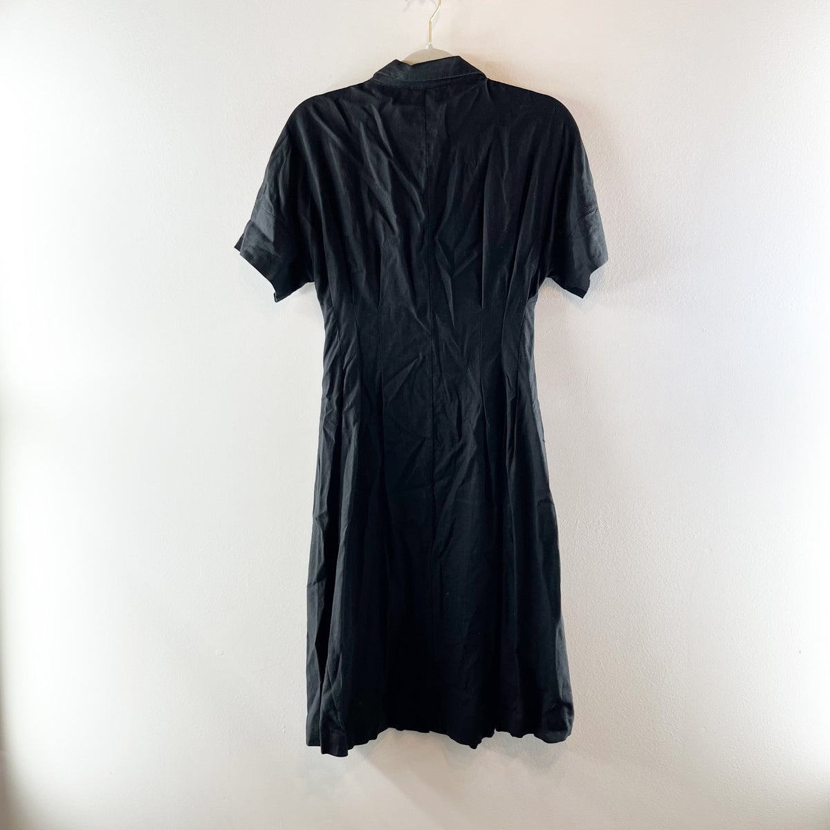 Halston Linen Blend Short Sleeve Midi Shirt Dress Black 4