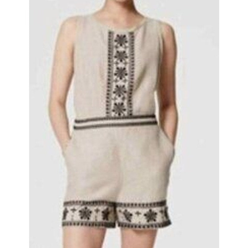 LOFT Linen Sleeveless Embroidered Romper Tan Beige Black 2 Petite