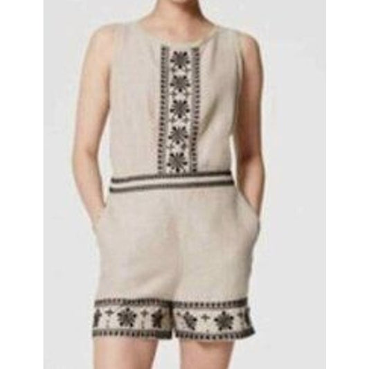 LOFT Linen Sleeveless Embroidered Romper Tan Beige Black 2 Petite