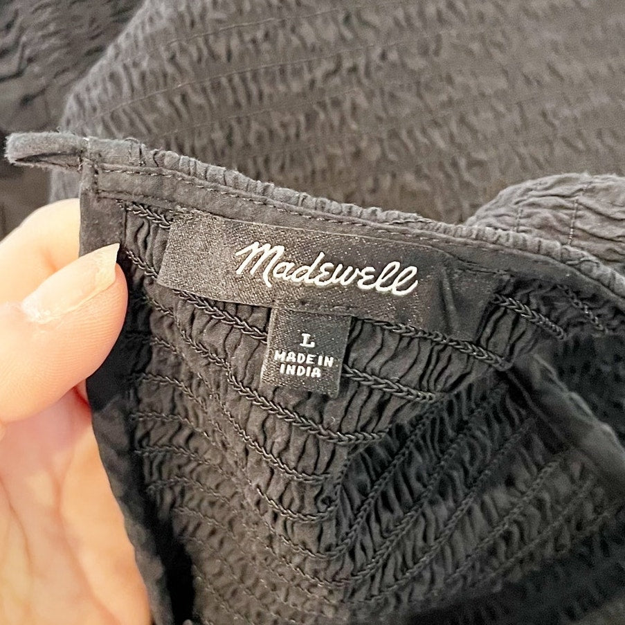 Madewell Melody Smocked Cotton Poplin Midi Dress Black Large
