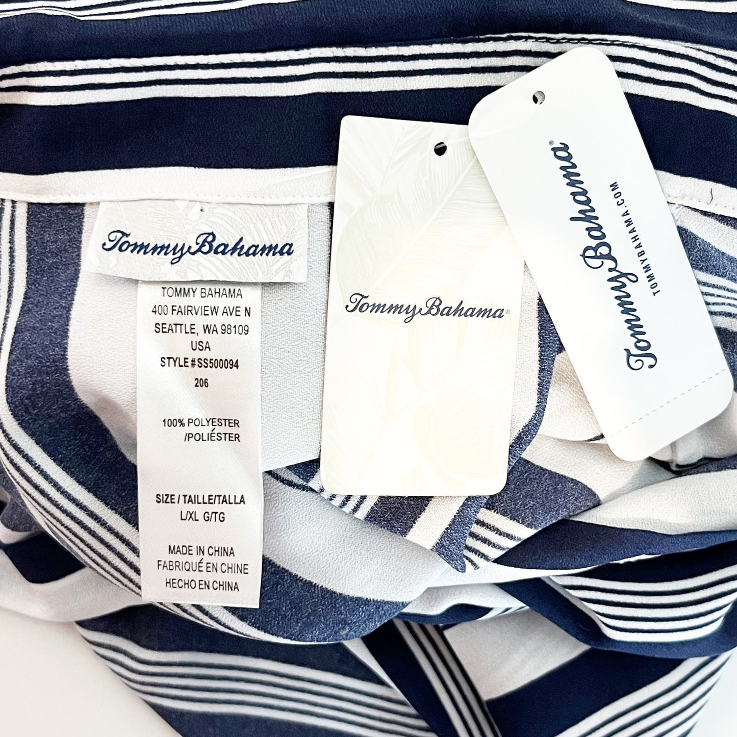 Tommy Bahama Tan Lines Striped Boyfriend Button Down Tunic Shirt Blue L/XL