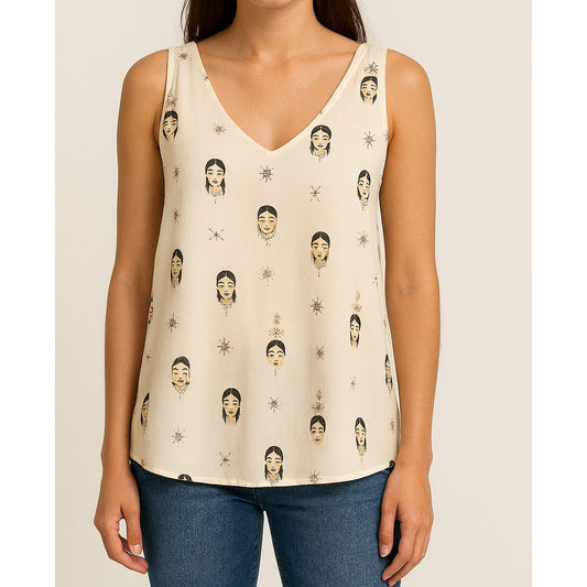 Johnny Was V Neck Sleeveless Faces Print Tank Top White Small