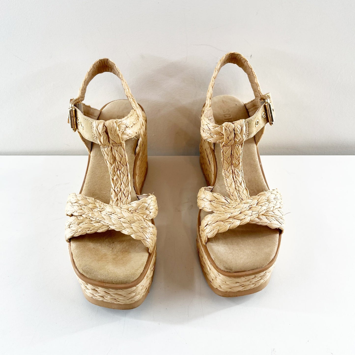 Schutz Panna Braided T Strap Wedge Platform Raffia Shoes Sandals Tan 7.5