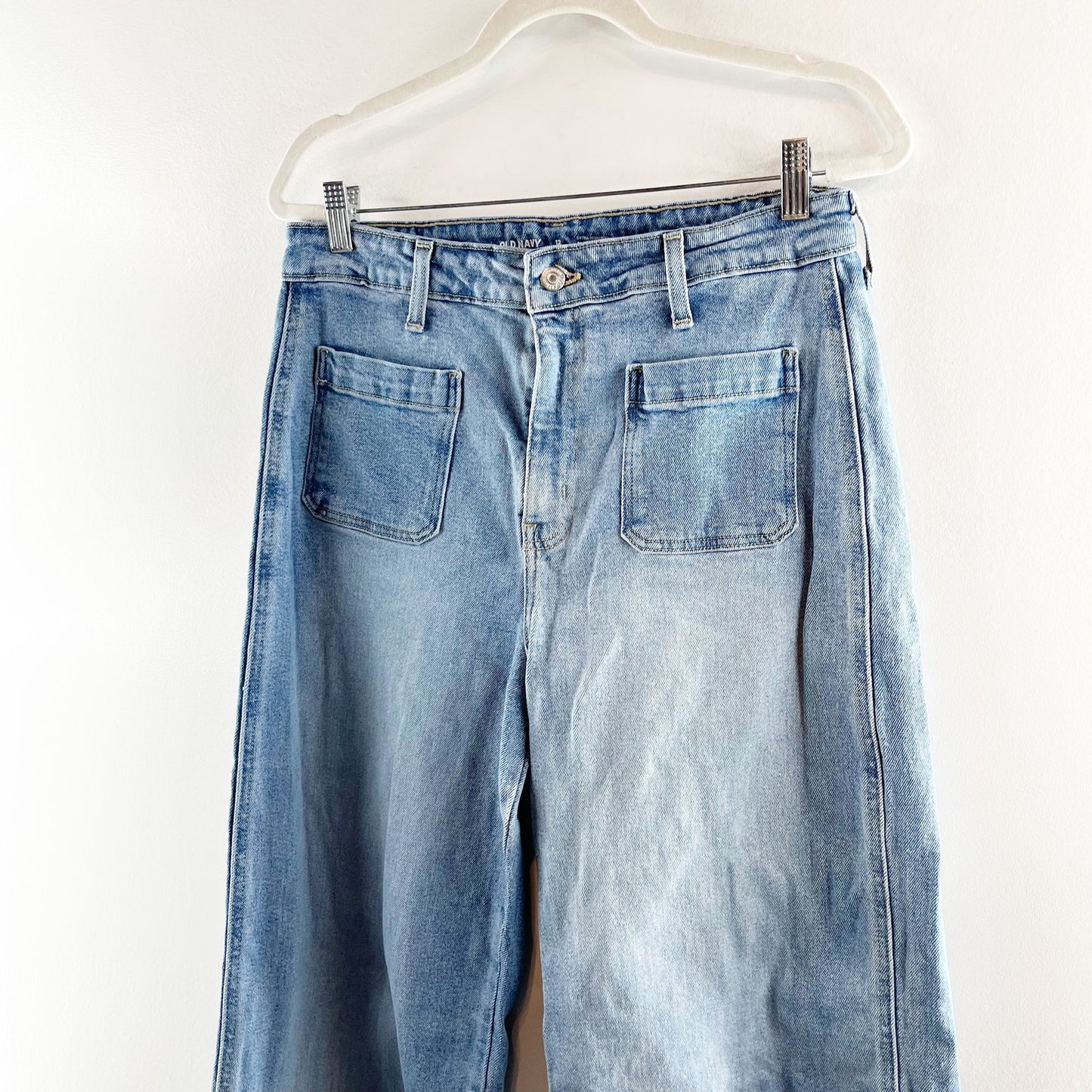 Old Navy Extra High Waisted Trouser Patch Pocket Wide Leg Jeans Blue 12